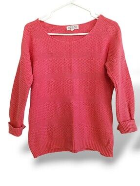 Pink Rose Coral Scoop Neck Knit Sweater Lightweight Girly Layers 3/4 Sleeves LG